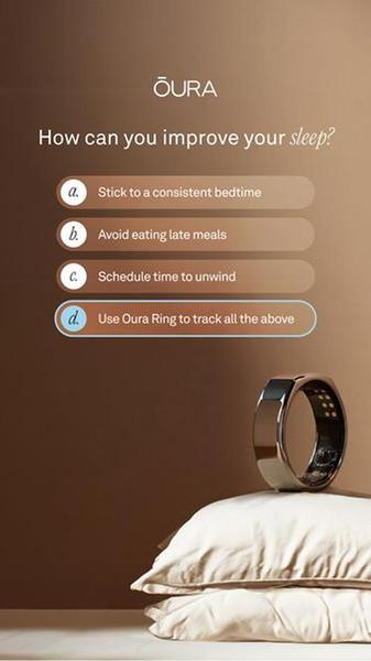 This ad uses a multiple-choice question format to highlight the benefits of a wearable sleep tracker as the ultimate solution for wellness.